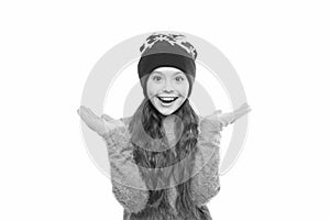 Girl long hair wear fur hat white background. Winter shampoo and conditioner prevent hair damage. Static and frizz