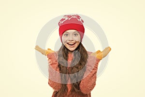 Girl long hair wear fur hat white background. Winter shampoo and conditioner prevent hair damage. Static and frizz