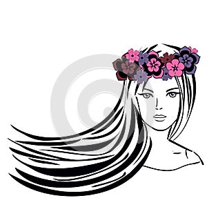 Girl with Long Hair in Wreath of Flowers.