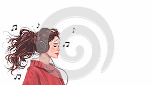 Girl with Long Messy Hair Wearing Headphones Animation on a White Background