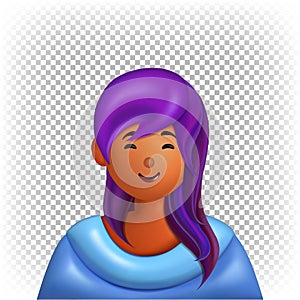 Girl with long purple hair. Asian appearance. Portrait, avatar, icon, sticker, vector 3d illustration.