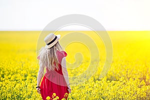 A girl in a long red dress admiring the dawn or sunset in the bright yellow field.