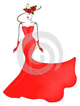 A girl in a long red dress and a hat with roses