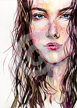 Girl with long wavy brown hair hand drawn watercolor illustration