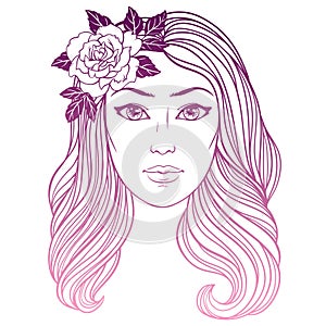 Girl with long wavy hair and rose, vector linen illustration on white background.