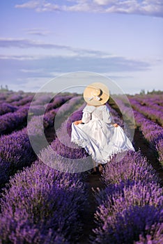 Girl in a long white dress walks in a field of lavender. View from the back. She`s wearing a big straw hat