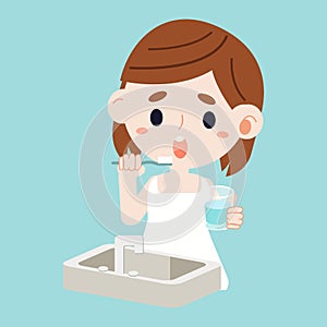 A girl look confuse with sink. girl holding glass. glass of water