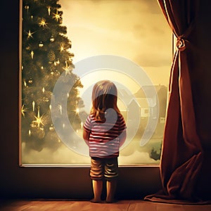 girl look out the window. christmas tree outside. Waiting for gifts and miracle