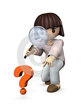 A girl looking into a big magnifying glass. She points to interests and doubts. She is observing and curious.