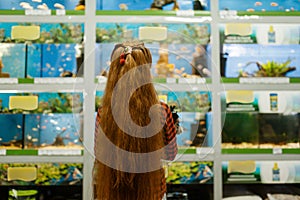 Girl looking on fishes in aquarium, pet store