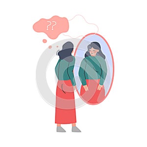 Girl Looking at Mirror and Seeing her Fat, identity Disorder, Mental Problems, Depression, Cartoon Vector Illustration