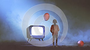 Girl looking at red balloon coming out of TV