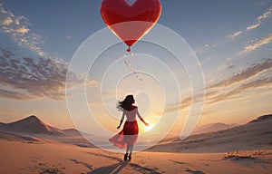 girl looking at red hot air balloons. Balloons in shape of heart flying in the sunset sky. Wedding, Valentine, love concept.