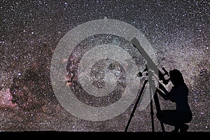 Girl looking at the stars with telescope. Milky Way galaxy.