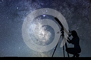 Girl looking at the stars with telescope. Milky Way galaxy.