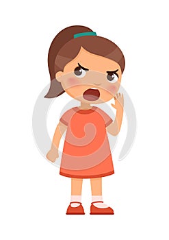 The girl looks angry or indignant, speaks loudly or screams photo