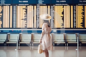 A girl looks at the board with the schedule of departures of passenger transport at the railway station. Generative AI