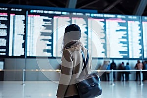 A girl looks at the board with the schedule of departures of passenger transport at the railway station. Generative AI