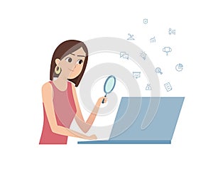 Girl looks carefully at laptop. Exploring internet perspectives, online work or education vector concept