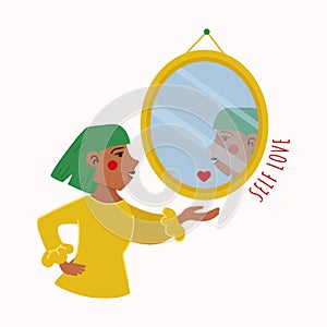 The girl looks at herself in the mirror with love. Self acceptance and self care concept vector illustration. Self love club