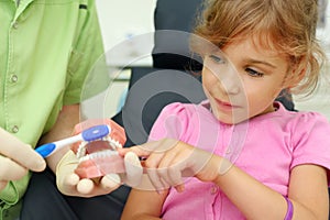 Girl looks how to correctly brush teeth.