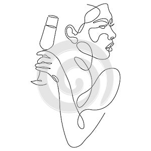 The girl looks to the side holding a glass of wine. Minimalism style. Design for decor, logo of a cafe or restaurant, nightclub