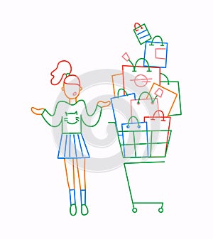 Girl with a lot of purchases doubts. Sale at store. Line cartoon design, vector illustration