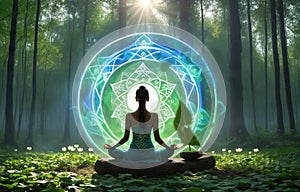 girl in lotus pose practicing meditation in spring forest in magic light cycle