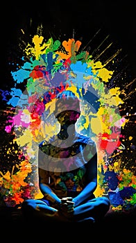 Girl in Lotus position on the abstract positive energy background
