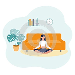 The girl in the lotus position. Practice meditation, yoga from home. Healthy lifestyle. Vector illustration in flat