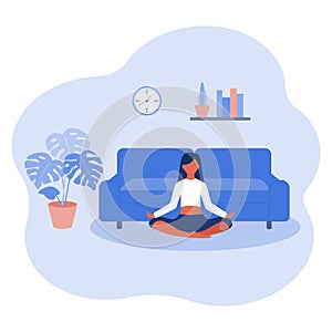 The girl in the lotus position. Practice meditation, yoga from home. Healthy lifestyle. Vector illustration in flat