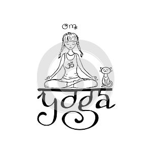 Girl in lotus yoga pose. Doodle hand drawn vector illustration.