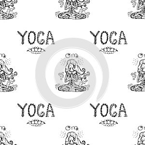 Girl in lotus yoga pose seamless pattern