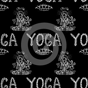 Girl in lotus yoga pose seamless pattern.