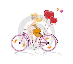 Girl in love goes by bicycle