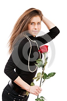 girl in love holding a red rose