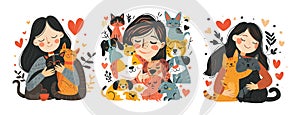 Girl love pets cartoon vector concepts. Woman character hugging dogs cats animals together, care relationship heart