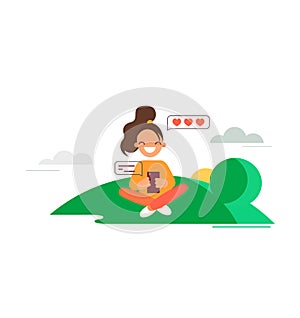 Girl loves chatting. Flat style vector illustration. Young woman seats on lawn and chats with someone she loves