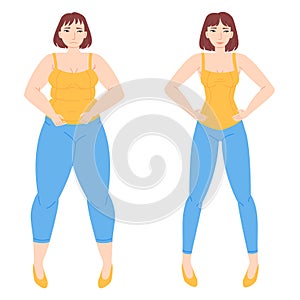 Girl with low and high BMI index. Fatness concept.