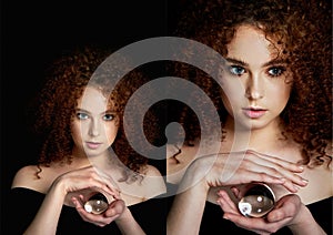 A girl with lush curly red hair. Holds in his hands a glass globe. Mystery,a premonition of the future. Collage