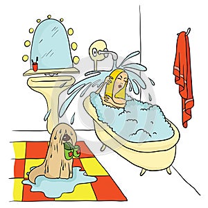 Girl lying in the bath under running water, The dog is holding in his teeth Slippers. Vector illustration.