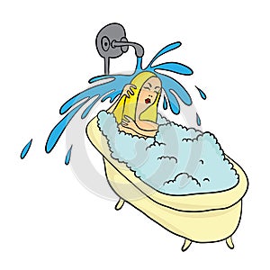 Girl lying in the bath under running water, vector illustration.