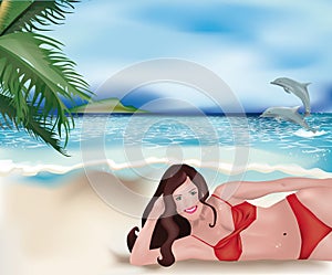 Girl lying on beach and dolphins