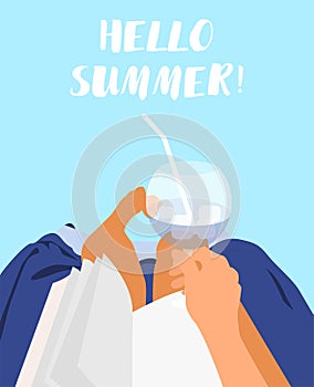 Girl lying on deck chair with glass of water with ice. Summer vibe. Concept vector illustration