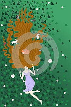 The girl lying on the green grass along with forest animals. Illustration shows love for nature. For campaign posters, ads,