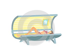 Girl Lying and Tanning in Solarium Cartoon Poster