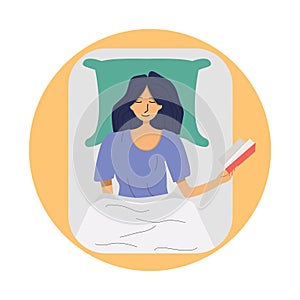 Girl lying under the covers with a book in her hand preparing for bed, illustration for sites, advertising, journalistic material