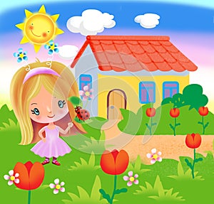 Girl in a magical forest with flowers and a bird and a ladybug