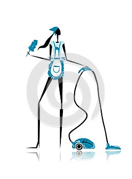 Girl maid with vacuum cleaner for your design