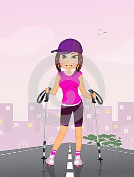 Girl make Nordic walking